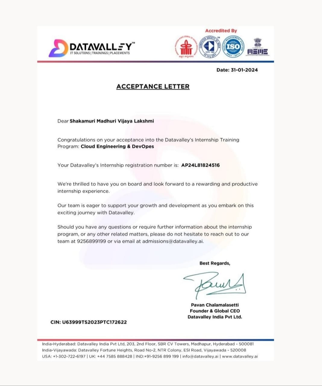 Acceptance Letter by Datavalley